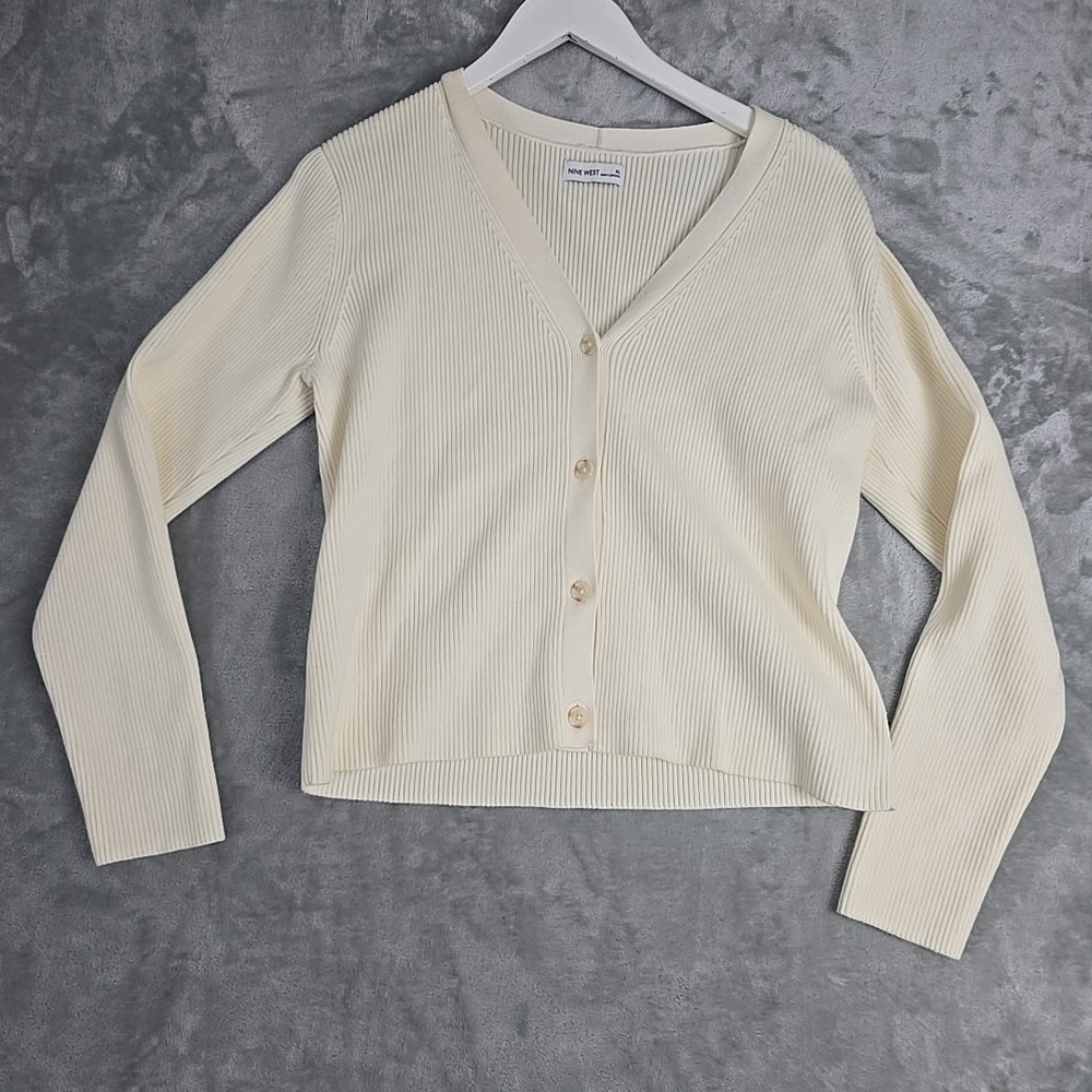 Nine West Fitted Rib Knit Cardigan Sweater XL Cream‎ Clean Girl Preppy